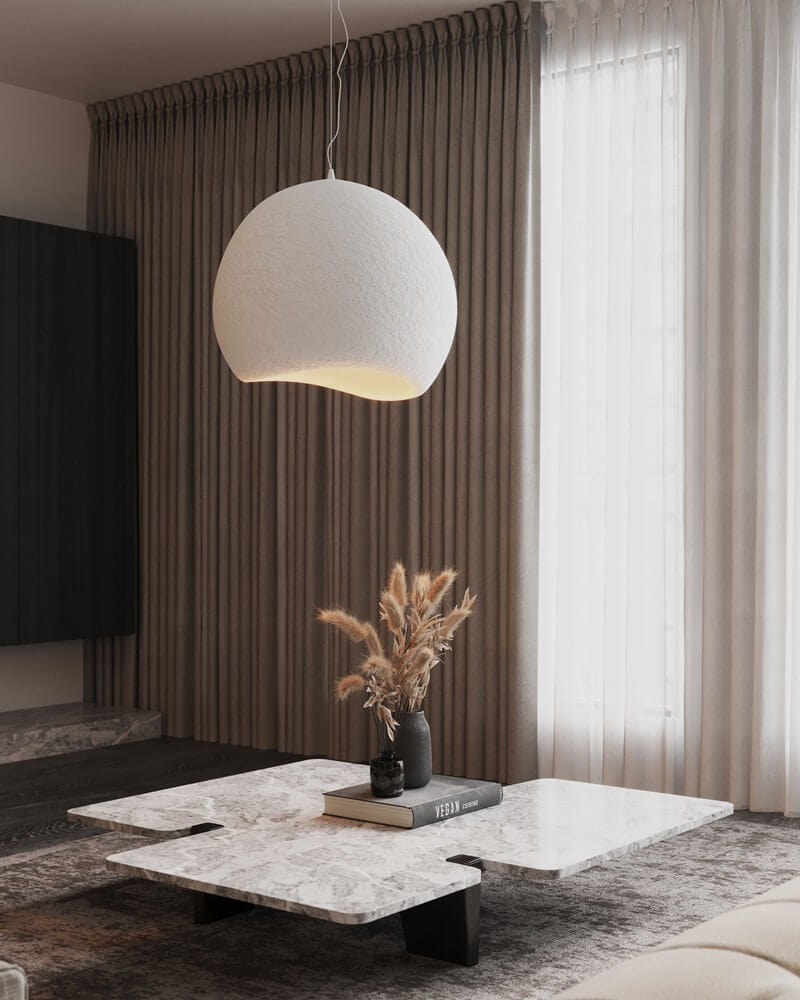 LAMPA WISZĄCA z białym kloszem z żywicy, nieregularny kształt, loftowy styl, ekskluzywna