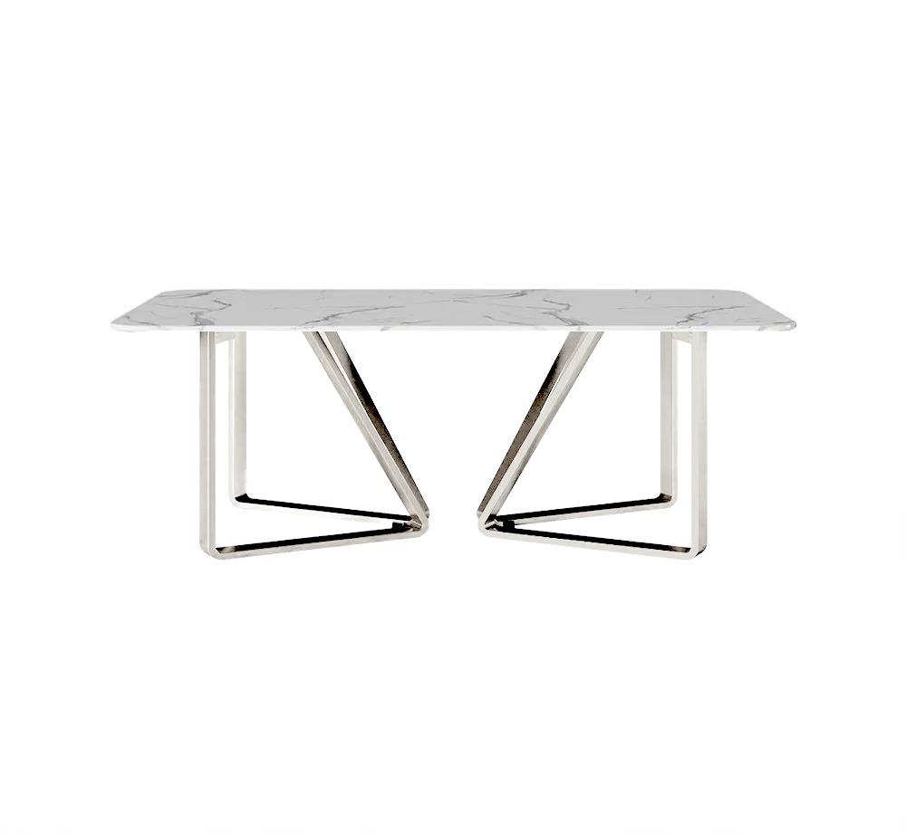 STÓŁ JADALNIANY prostokątny, biały konglomerat marmurowy, srebrna metalowa podstawa