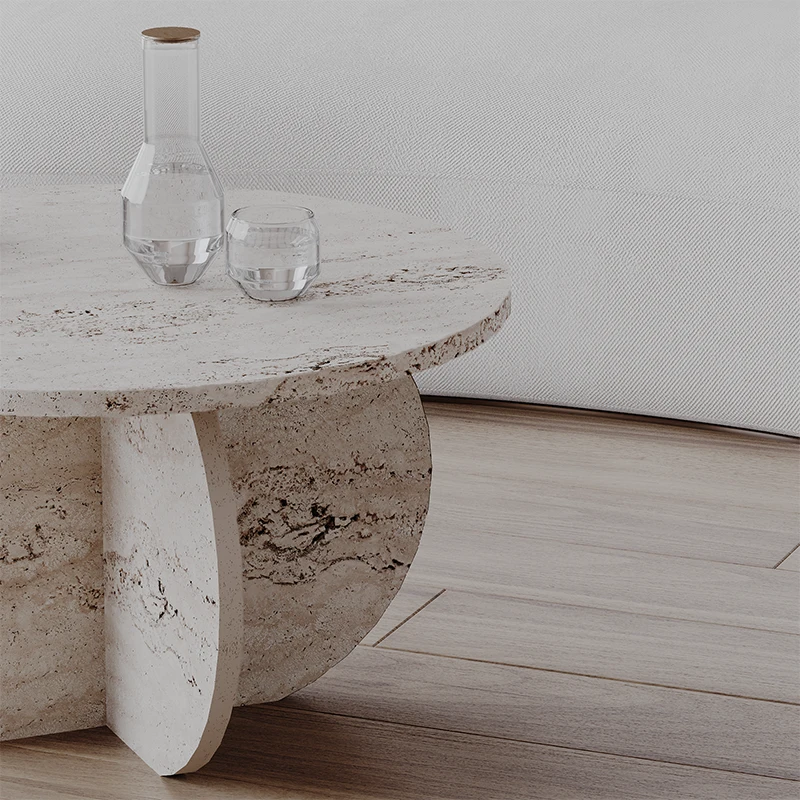 STOLIK KAWOWY z naturalnego trawertynu z designerską podstawą i okrągłym blatem, nowoczesny styl, piękny STOLIK KAWOWY z naturalnego trawertynu z designerską podstawą i okrągłym blatem, nowoczesny styl, piękny
