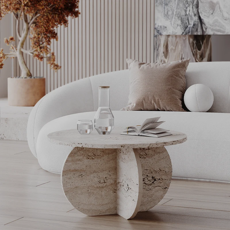 STOLIK KAWOWY z naturalnego trawertynu z designerską podstawą i okrągłym blatem, nowoczesny styl STOLIK KAWOWY z naturalnego trawertynu z designerską podstawą i okrągłym blatem, nowoczesny styl