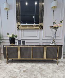 SZAFKA RTV grafitowy, ryflowany korpus o zaokrąglonych bokach, złote detale, marmurowe wykończenie blatu, piękna