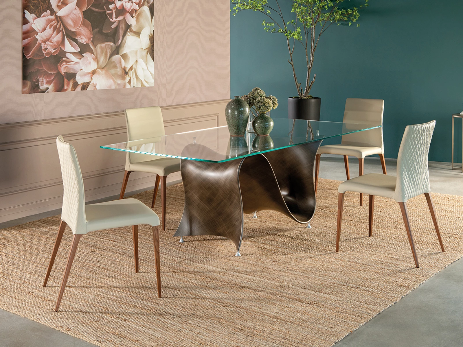 WŁOSKI STÓŁ JADALNIANY na pofalowanej, designerskiej podstawie, prostokątny blat, nowoczesny styl, do jadalni