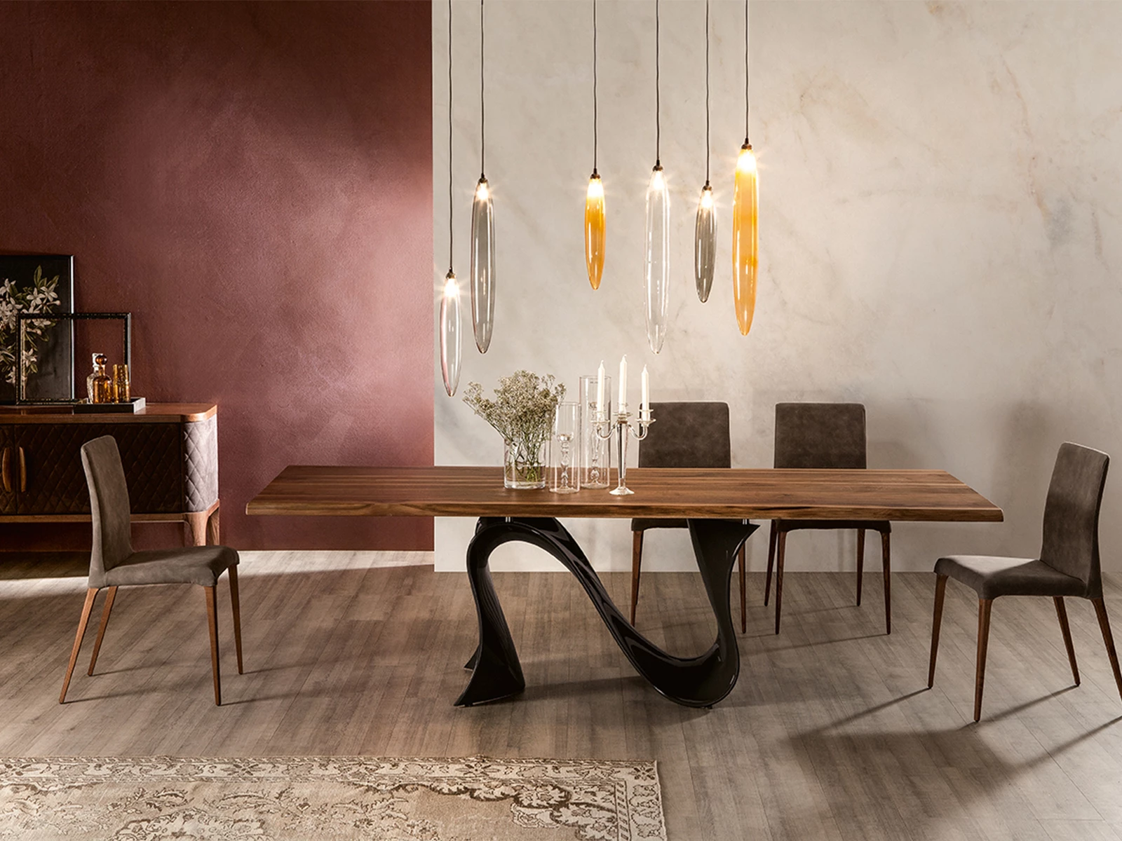 WŁOSKI STÓŁ JADALNIANY na pofalowanej, designerskiej podstawie, prostokątny blat, nowoczesny styl, ekskluzywny