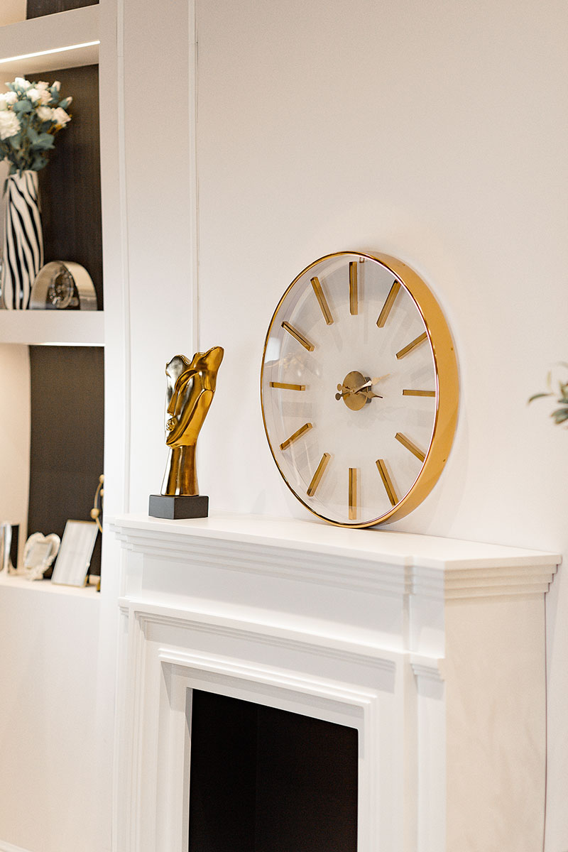 ZEGAR ŚCIENNY okrągły, złota stalowa rama, szklana tarcza styl glamour, nowoczesny