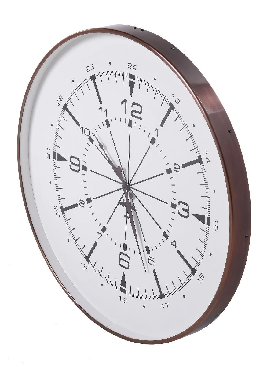 ZEGAR ŚCIENNY w okrągłej miedzianej ramie, biało-czarna tarcz inspirowana kompasem, nowoczesny styl, najwyższa jakość ZEGAR ŚCIENNY w okrągłej miedzianej ramie, biało-czarna tarcz inspirowana kompasem, nowoczesny styl, najwyższa jakość