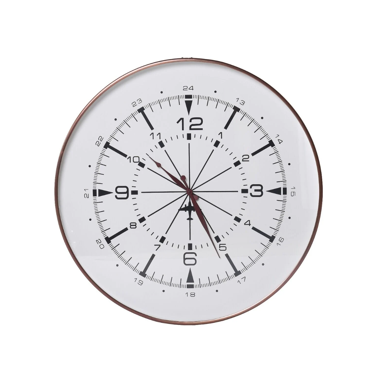 ZEGAR ŚCIENNY w okrągłej miedzianej ramie, biało-czarna tarcz inspirowana kompasem, nowoczesny styl ZEGAR ŚCIENNY w okrągłej miedzianej ramie, biało-czarna tarcz inspirowana kompasem, nowoczesny styl
