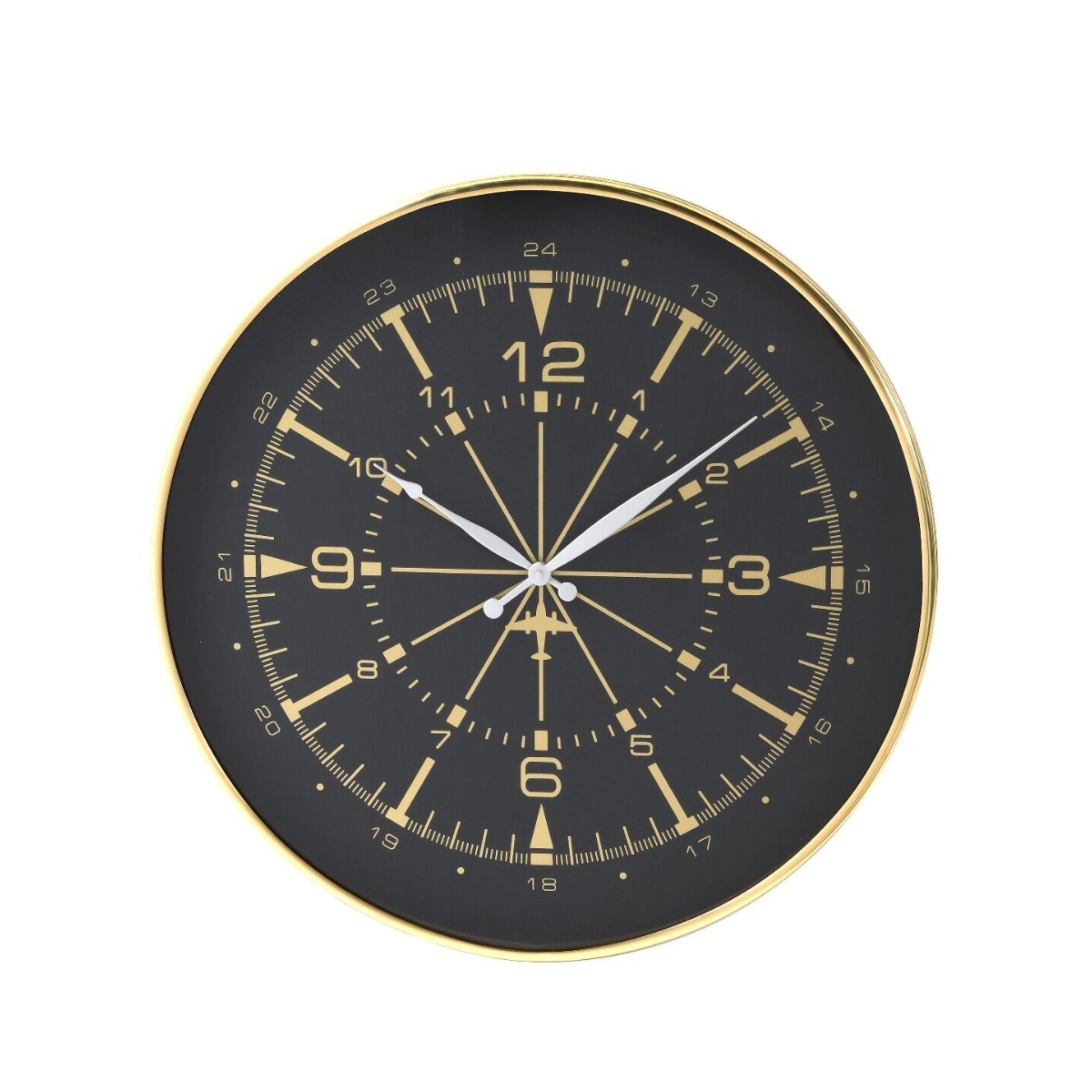 ZEGAR ŚCIENNY w okrągłej, złotej ramie, czarna tarcza przypominająca kompas, nowoczesny styl ZEGAR ŚCIENNY w okrągłej, złotej ramie, czarna tarcza przypominająca kompas, nowoczesny styl