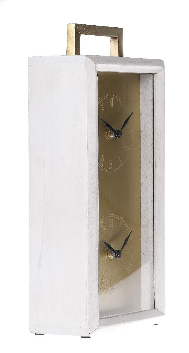 ZEGAR STOJĄCY podłużna biała drewniana rama, złota podwójna tarcza, klasyczny wygląd, wyjątkowy ZEGAR STOJĄCY podłużna biała drewniana rama, złota podwójna tarcza, klasyczny wygląd, wyjątkowy