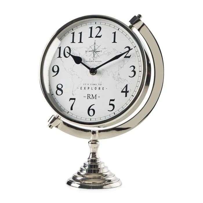 ZEGAR STOJĄCY srebrny, kształt inspirowany globusem, klasyczny design, piękny ZEGAR STOJĄCY srebrny, kształt inspirowany globusem, klasyczny design, piękny