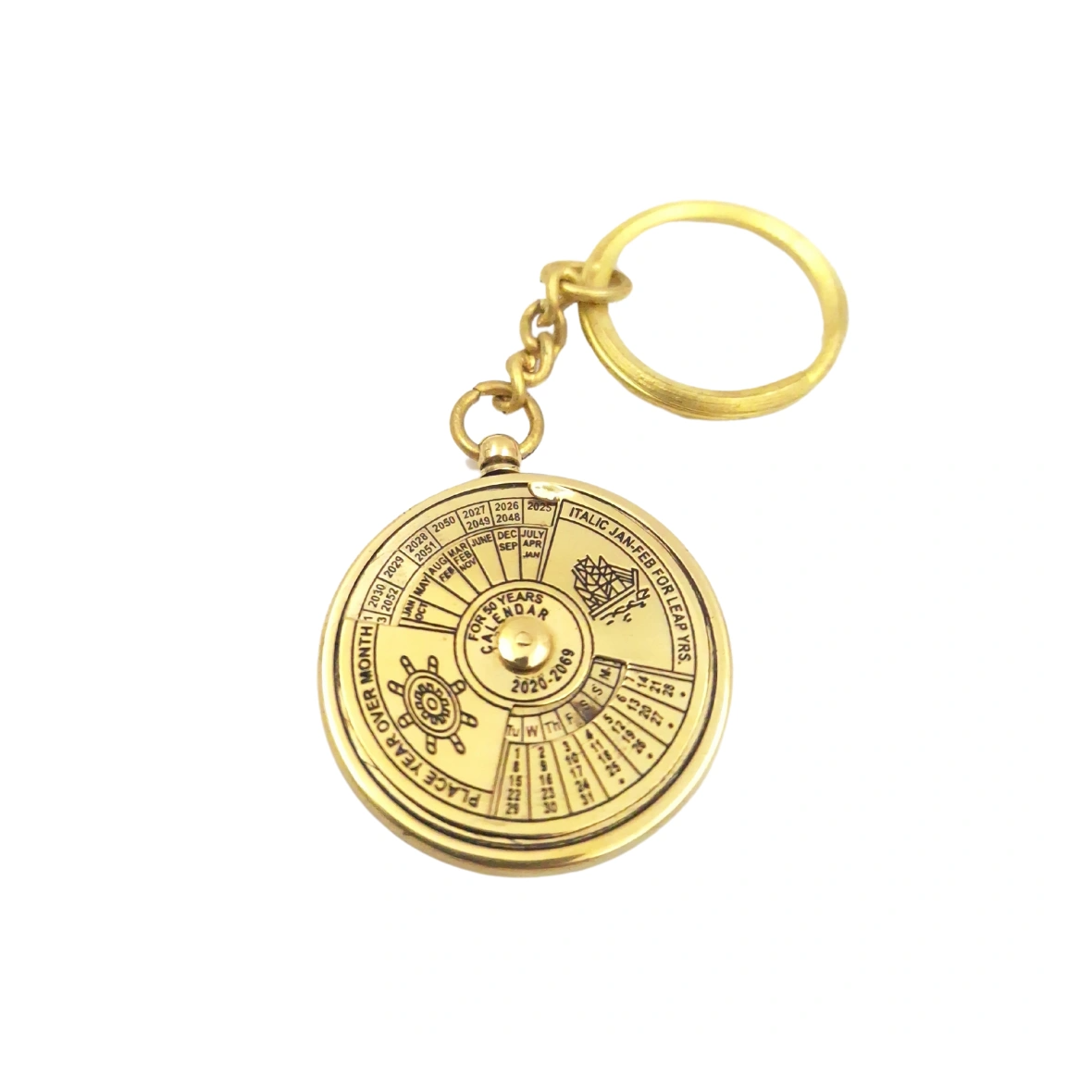 ZŁOTY BRELOCZEK z okrągłym 50 letnim kalendarzem, mosiężny, klasyczny styl