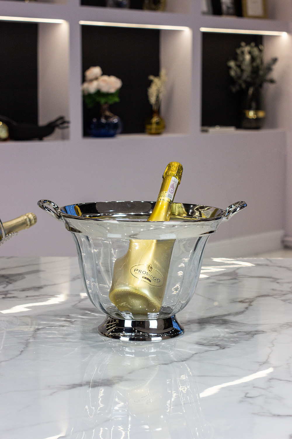 COOLER szklany z srebrnymi, metalowymi detalami, klasyczny styl, piękny COOLER szklany z srebrnymi, metalowymi detalami, klasyczny styl, piękny