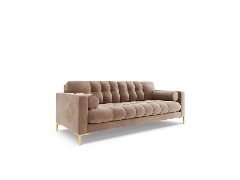 KANAPA 3-osobwa z przeszywanym siedziskiem na metalowych nogach, aksamitna tapicerka do wyboru, beżowy-złoty, nowoczesna KANAPA 3-osobwa z przeszywanym siedziskiem na metalowych nogach, aksamitna tapicerka do wyboru, beżowy-złoty, nowoczesna