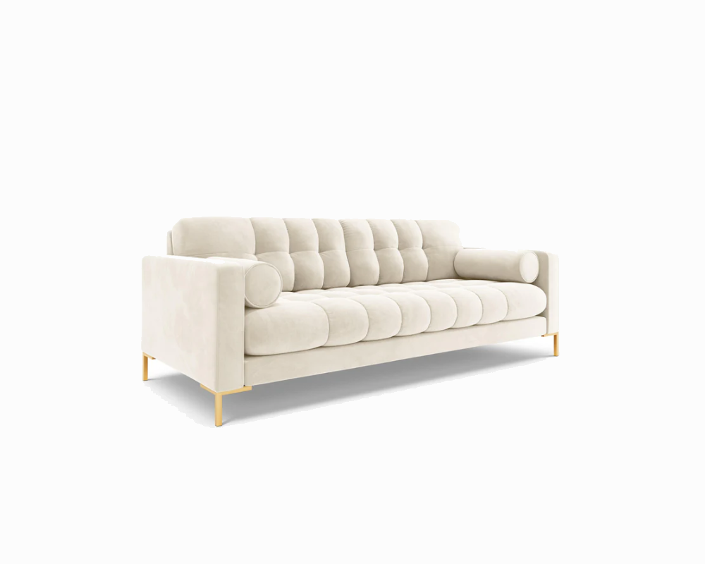 KANAPA 3-osobwa z przeszywanym siedziskiem na metalowych nogach, aksamitna tapicerka do wyboru, jasnobeżowy-złoty, piękna KANAPA 3-osobwa z przeszywanym siedziskiem na metalowych nogach, aksamitna tapicerka do wyboru, jasnobeżowy-złoty, piękna