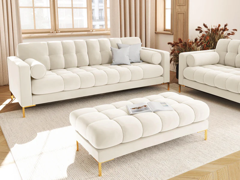 KANAPA 3-osobwa z przeszywanym siedziskiem na metalowych nogach, aksamitna tapicerka do wyboru, jasnobeżowy-złoty KANAPA 3-osobwa z przeszywanym siedziskiem na metalowych nogach, aksamitna tapicerka do wyboru, jasnobeżowy-złoty