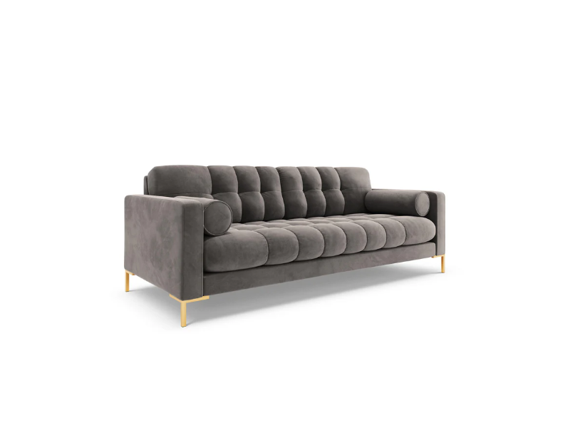 KANAPA 3-osobwa z przeszywanym siedziskiem na metalowych nogach, aksamitna tapicerka do wyboru, jasnoszary-złoty, piękna