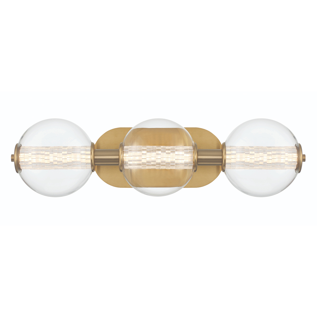 KINKIET ATOMO z 3 źródłami światła, okrągłe szklane klosze, złote detale z metalu, nowoczesny styl