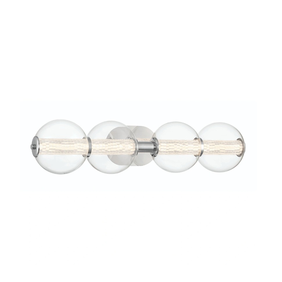 KINKIET ATOMO z 4 źródłami światła, okrągłe szklane klosze, metalowe detale w polerowanym chromie, nowoczesny styl