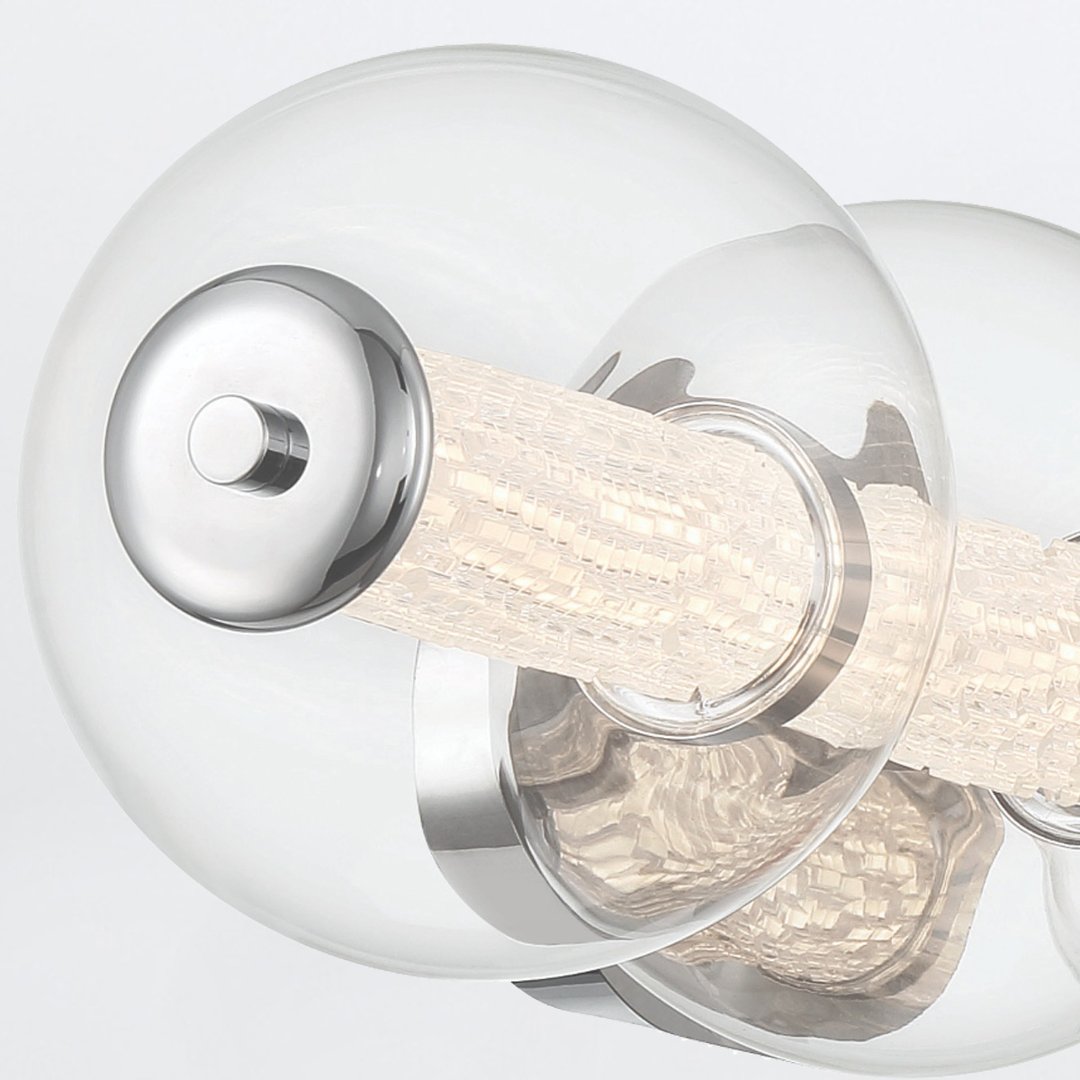 KINKIET ATOMO z 4 źródłami światła, okrągłe szklane klosze, metalowe detale w polerowanym chromie, nowoczesny styl, wyjątkowy