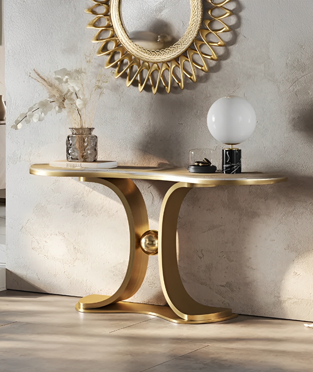 KONSOLA na złotej designerskiej podstawie z dekoracyjną kulą, marmurowy blat, nowoczesny styl, piękna