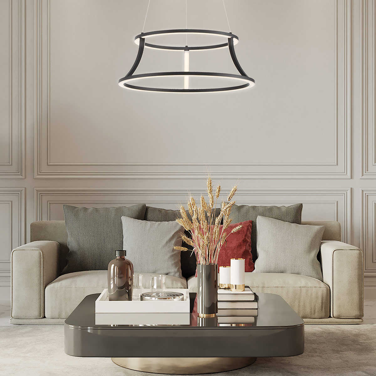 LAMPA WISZĄCA CADOUX z LEDowym żródłem światła, czarna matowa rama, nowoczesny styl, do salonu LAMPA WISZĄCA CADOUX z LEDowym żródłem światła, czarna matowa rama, nowoczesny styl, do salonu