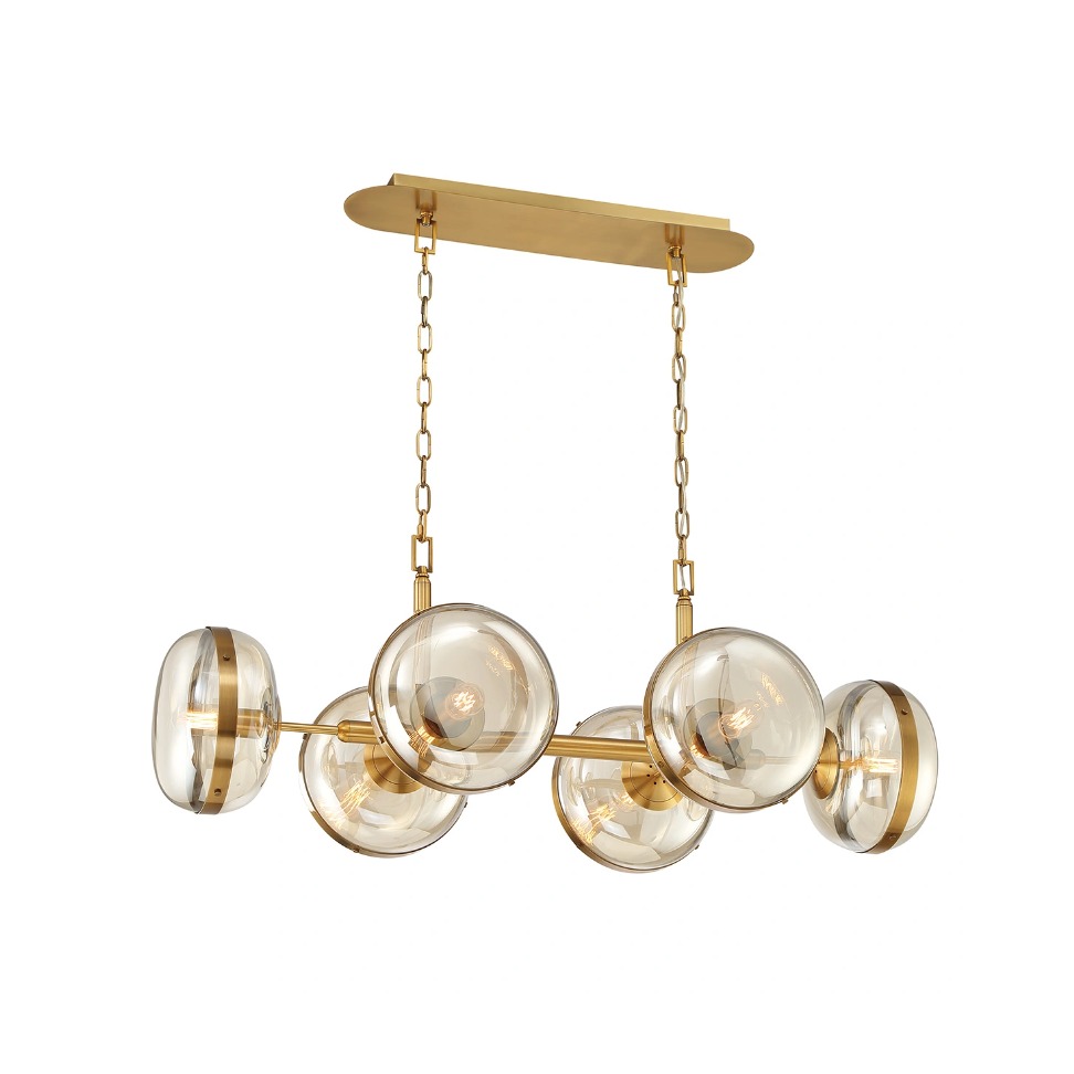 LAMPA WYSPOWA WISZĄCA NOTTINGHAM z szklano-metalowymi kloszami, mosiężna kolorystyka, styl vintage, 6 źródeł