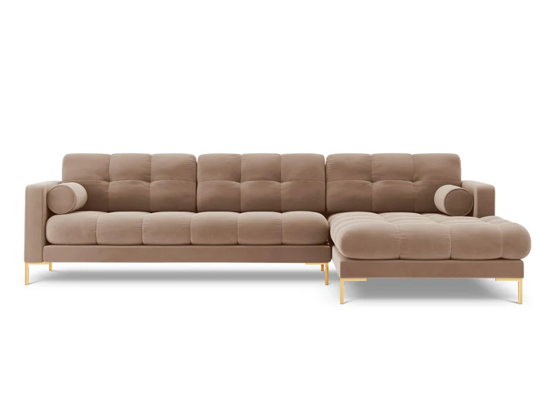 NAROŻNIK z przeszywanym siedziskiem na złotych nogach, aksamitna tapicerka oraz strona do wyboru, beżowy-złoty, ekskluzywny