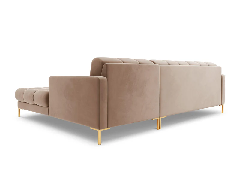 NAROŻNIK z przeszywanym siedziskiem na złotych nogach, aksamitna tapicerka oraz strona do wyboru, beżowy-złoty, piękny