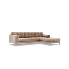 NAROŻNIK z przeszywanym siedziskiem na złotych nogach, aksamitna tapicerka oraz strona do wyboru, beżowy-złoty, wyjątkowy