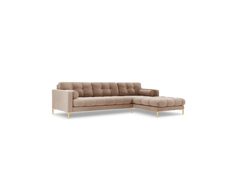 NAROŻNIK z przeszywanym siedziskiem na złotych nogach, aksamitna tapicerka oraz strona do wyboru, beżowy-złoty, wyjątkowy