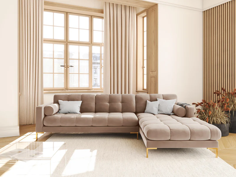 NAROŻNIK z przeszywanym siedziskiem na złotych nogach, aksamitna tapicerka oraz strona do wyboru, beżowy-złoty