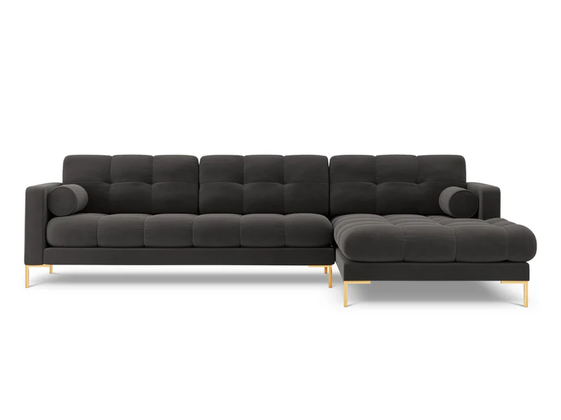 NAROŻNIK z przeszywanym siedziskiem na złotych nogach, aksamitna tapicerka oraz strona do wyboru, ciemnoszary-złoty, wyjątkowy