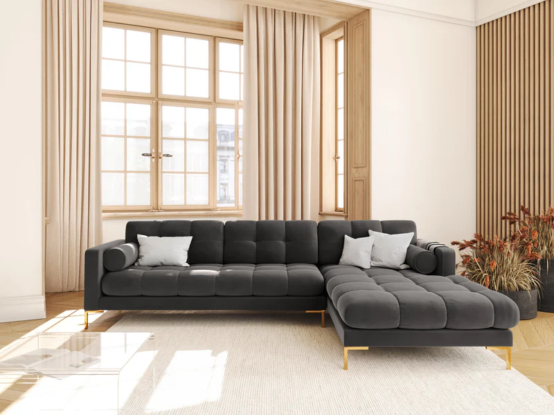 NAROŻNIK z przeszywanym siedziskiem na złotych nogach, aksamitna tapicerka oraz strona do wyboru, ciemnoszary-złoty