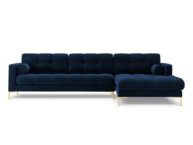 NAROŻNIK z przeszywanym siedziskiem na złotych nogach, aksamitna tapicerka oraz strona do wyboru, granatowy-złoty, wyjątkowy