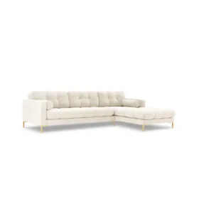 NAROŻNIK z przeszywanym siedziskiem na złotych nogach, aksamitna tapicerka oraz strona do wyboru, jasnobeżowy-złoty, piękny