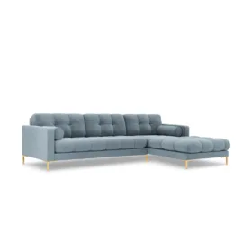 NAROŻNIK z przeszywanym siedziskiem na złotych nogach, aksamitna tapicerka oraz strona do wyboru, jasnoniebieski-złoty, piękny