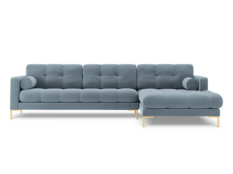 NAROŻNIK z przeszywanym siedziskiem na złotych nogach, aksamitna tapicerka oraz strona do wyboru, jasnoniebieski-złoty, wyjątkowy