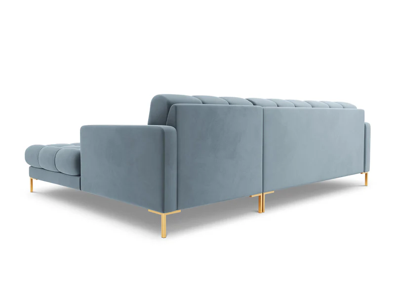 NAROŻNIK z przeszywanym siedziskiem na złotych nogach, aksamitna tapicerka oraz strona do wyboru, jasnoniebieski-złoty, wyrafinowany