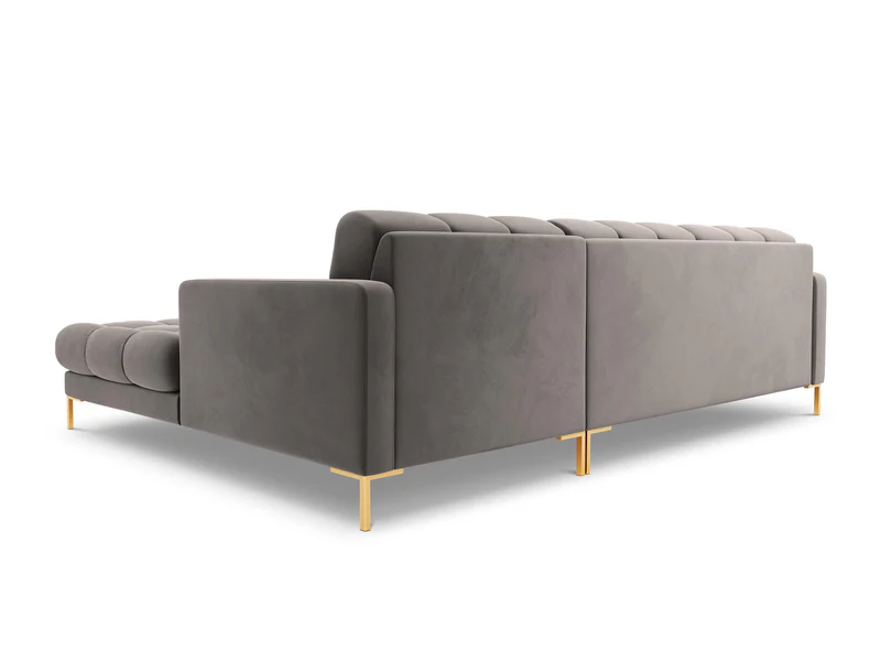 NAROŻNIK z przeszywanym siedziskiem na złotych nogach, aksamitna tapicerka oraz strona do wyboru, jasnoszary-złoty, ekskluzywny