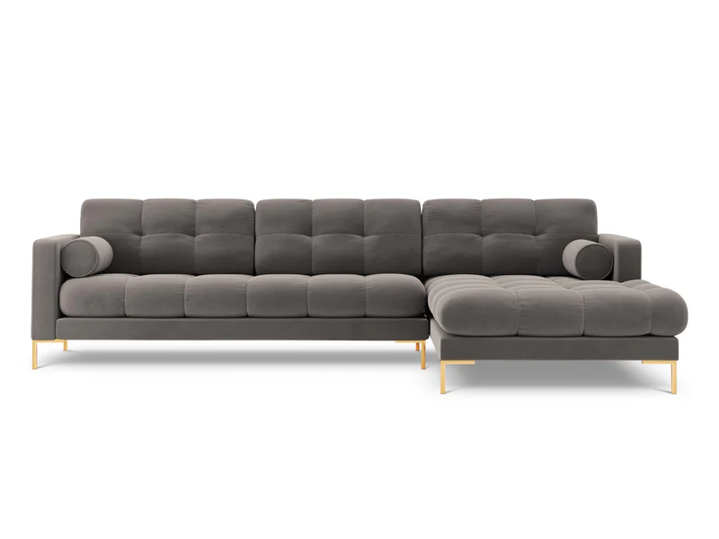 NAROŻNIK z przeszywanym siedziskiem na złotych nogach, aksamitna tapicerka oraz strona do wyboru, jasnoszary-złoty, wyjątkowy