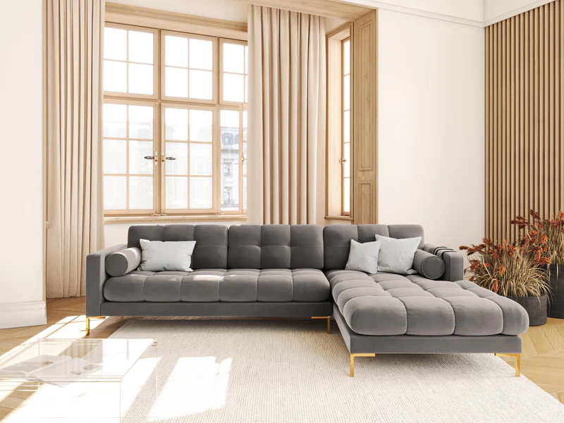 NAROŻNIK z przeszywanym siedziskiem na złotych nogach, aksamitna tapicerka oraz strona do wyboru, jasnoszary-złoty