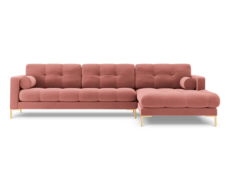 NAROŻNIK z przeszywanym siedziskiem na złotych nogach, aksamitna tapicerka oraz strona do wyboru, różowy-złoty, ekskluzywny