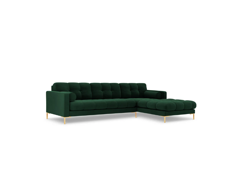 NAROŻNIK z przeszywanym siedziskiem na złotych nogach, aksamitna tapicerka oraz strona do wyboru, srebrno-złoty, materiał, butelkowa zieleń-złoty, piękny