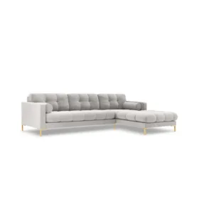 NAROŻNIK z przeszywanym siedziskiem na złotych nogach, aksamitna tapicerka oraz strona do wyboru, srebrno-złoty, nowoczesny