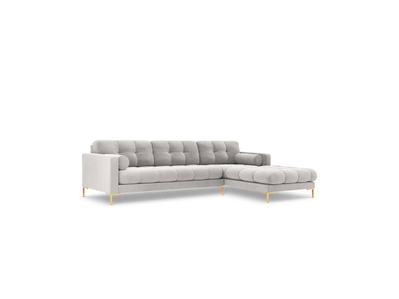 NAROŻNIK z przeszywanym siedziskiem na złotych nogach, aksamitna tapicerka oraz strona do wyboru, srebrno-złoty, nowoczesny