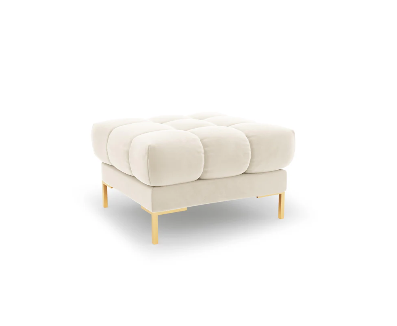 PUFA kwadratowa z przeszywanym siedziskiem na metalowych nogach, aksamitna tapicerka do wyboru, jasnobeżowy-złoty PUFA kwadratowa z przeszywanym siedziskiem na metalowych nogach, aksamitna tapicerka do wyboru, jasnobeżowy-złoty