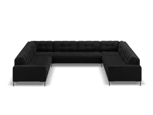 SOFA PANORAMICZNA 9-osobowa z przeszywanym siedziskiem na metalowych nogach, aksamitna tapicerka do wyboru, czarny-czarny