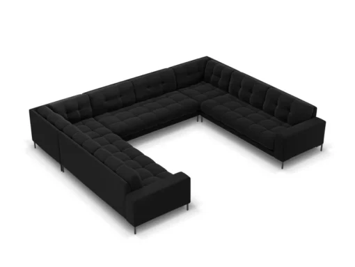 SOFA PANORAMICZNA 9-osobowa z przeszywanym siedziskiem na metalowych nogach, aksamitna tapicerka do wyboru, czarny-czarny, piekna