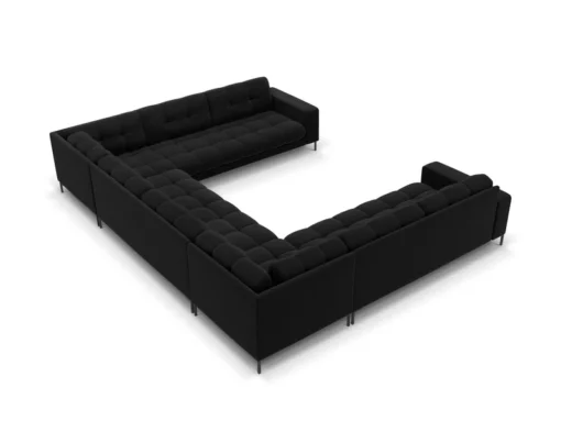SOFA PANORAMICZNA 9-osobowa z przeszywanym siedziskiem na metalowych nogach, aksamitna tapicerka do wyboru, czarny-czarny, wyjątkowa