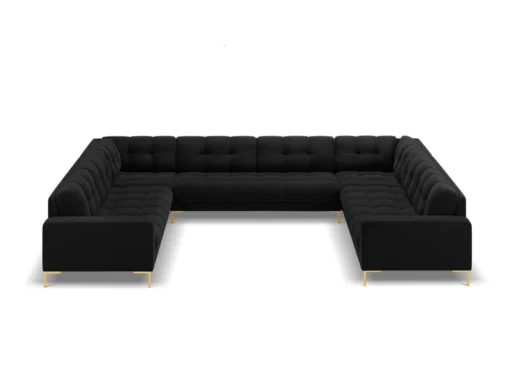 SOFA PANORAMICZNA 9-osobowa z przeszywanym siedziskiem na metalowych nogach, aksamitna tapicerka do wyboru, czarny-złoty