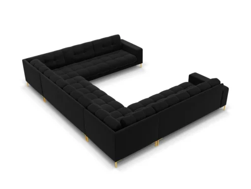 SOFA PANORAMICZNA 9-osobowa z przeszywanym siedziskiem na metalowych nogach, aksamitna tapicerka do wyboru, czarny-złoty, ekskluzywna